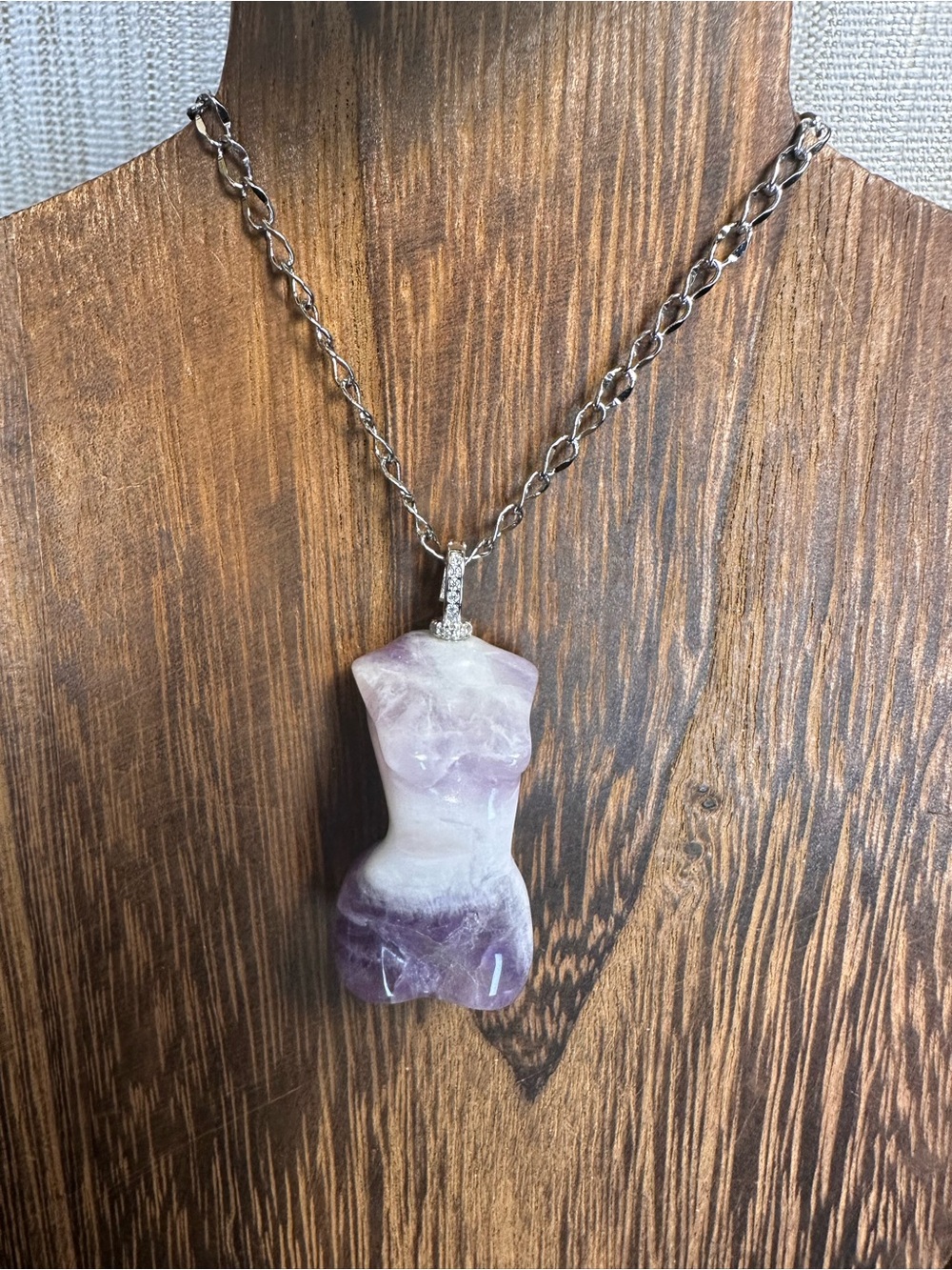 Dream Amethyst Lady Torso Pendant Necklace on Stainless Steel Chain